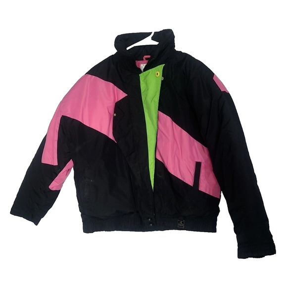 Vintage Ski Gear Black Neon Retro Full Zip Skiing Ski Jacket Womans Size Large - Picture 1 of 7